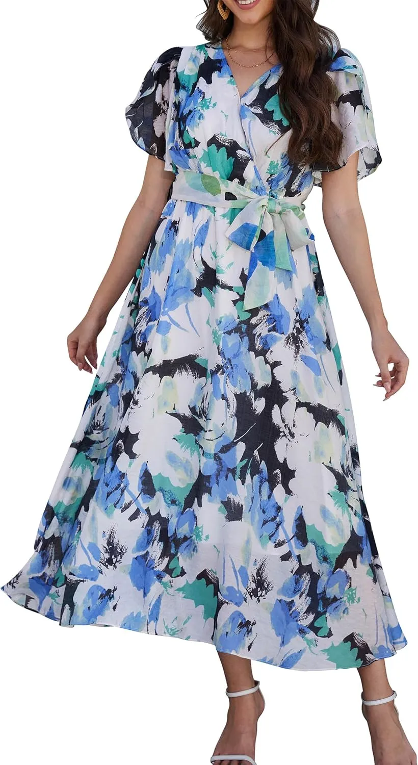 Kormei Women Wrap V Neck Boho Floral A Line Flowy Casual Short Sleeve Belted Wedding Guest Party Maxi Long Dress