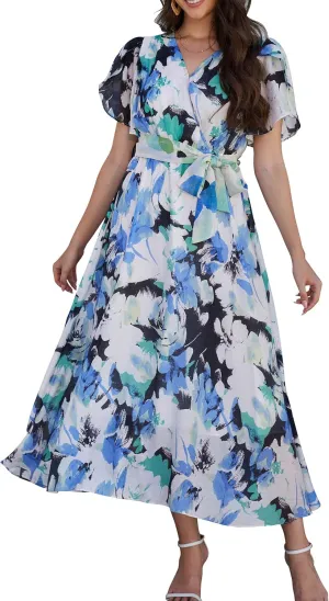 Kormei Women Wrap V Neck Boho Floral A Line Flowy Casual Short Sleeve Belted Wedding Guest Party Maxi Long Dress