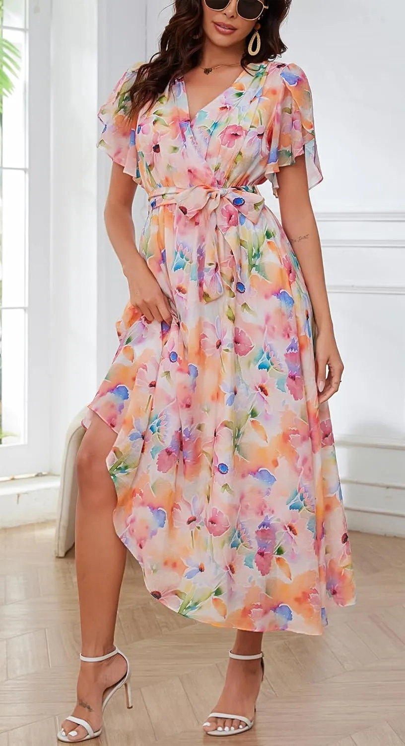 Kormei Women Wrap V Neck Boho Floral A Line Flowy Casual Short Sleeve Belted Wedding Guest Party Maxi Long Dress