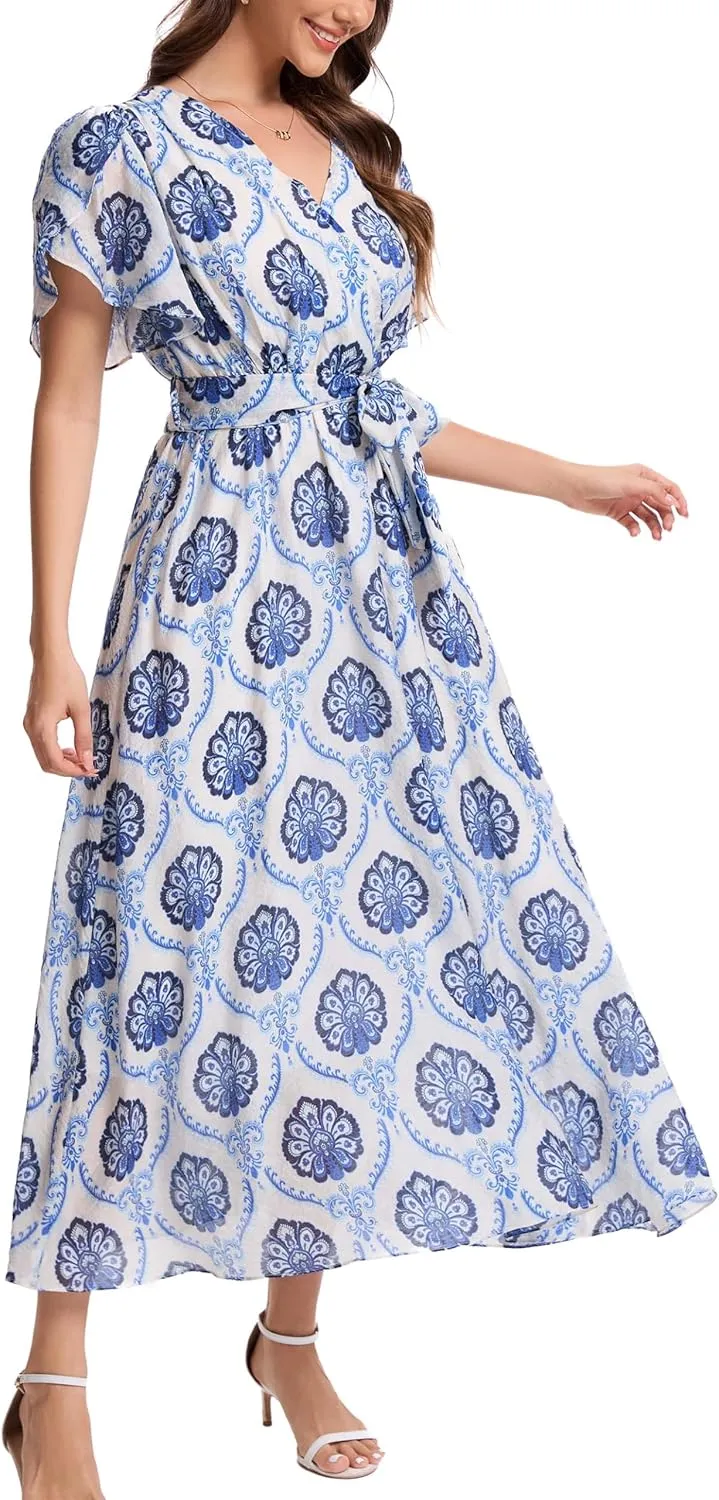 Kormei Women Wrap V Neck Boho Floral A Line Flowy Casual Short Sleeve Belted Wedding Guest Party Maxi Long Dress