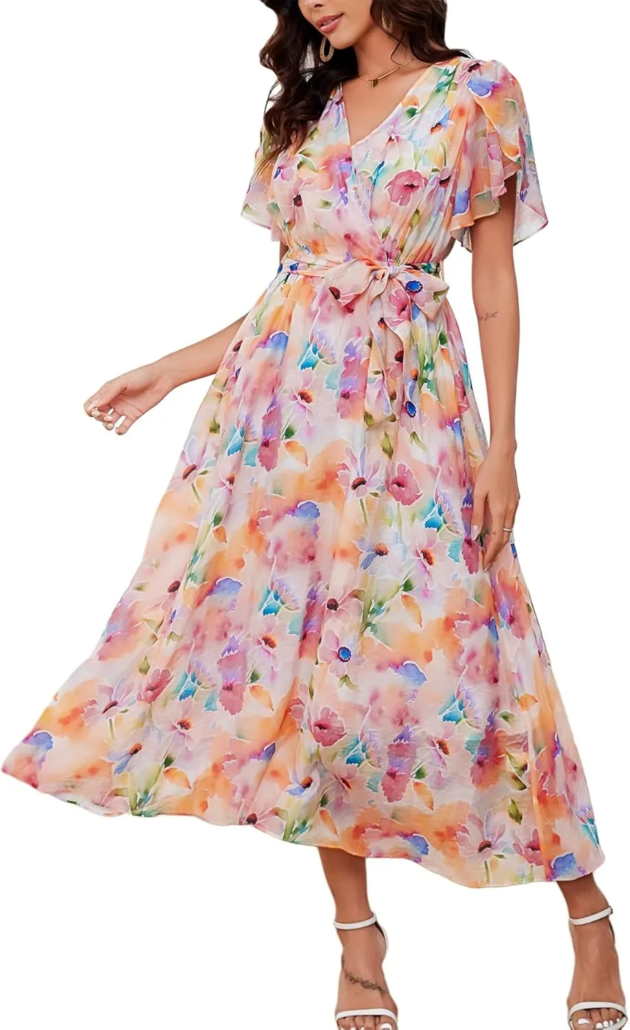 Kormei Women Wrap V Neck Boho Floral A Line Flowy Casual Short Sleeve Belted Wedding Guest Party Maxi Long Dress