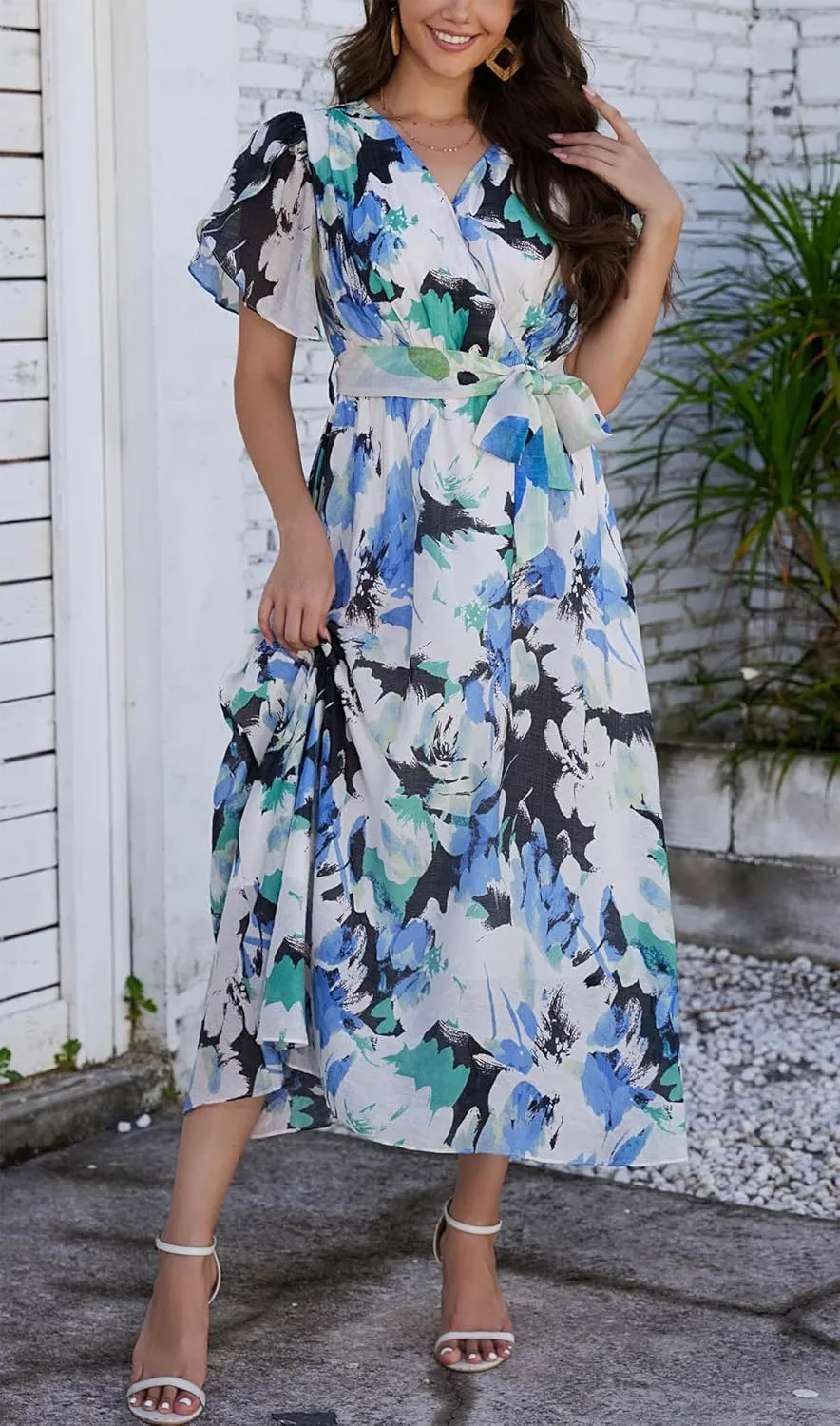 Kormei Women Wrap V Neck Boho Floral A Line Flowy Casual Short Sleeve Belted Wedding Guest Party Maxi Long Dress