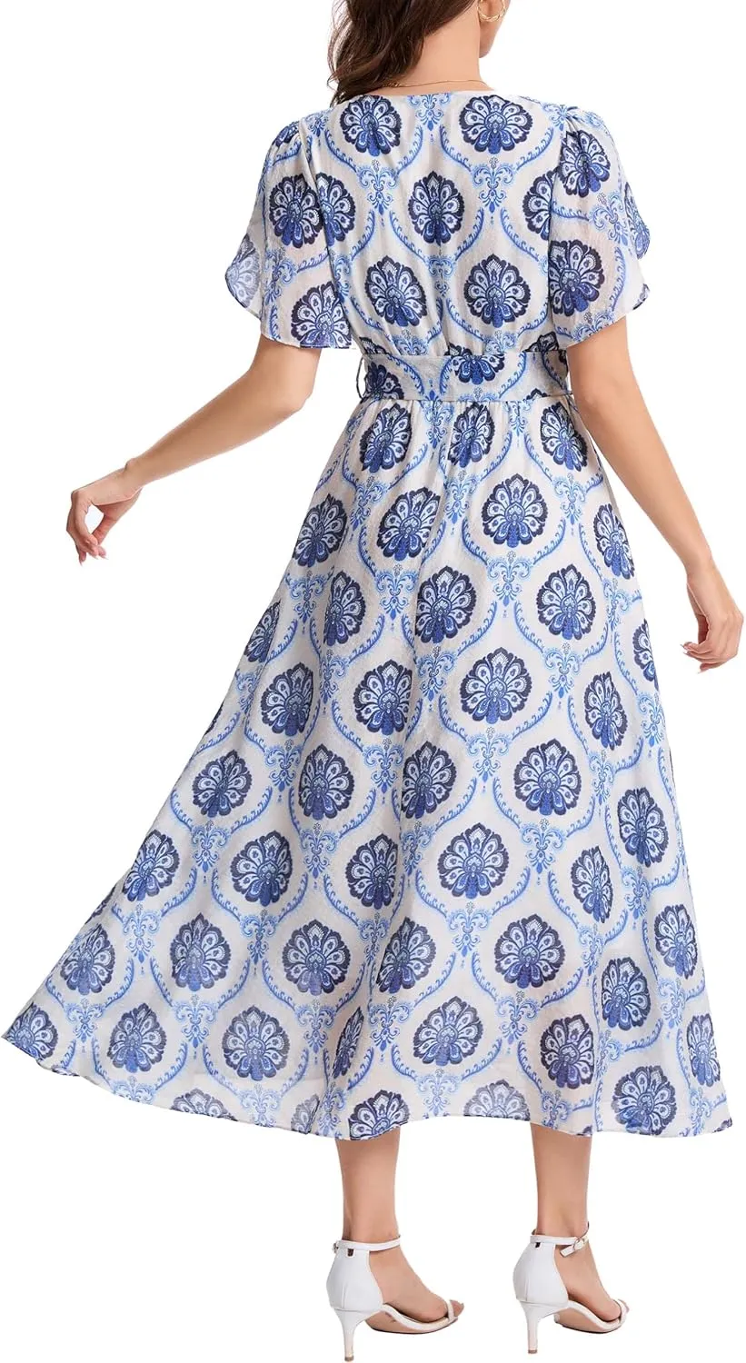 Kormei Women Wrap V Neck Boho Floral A Line Flowy Casual Short Sleeve Belted Wedding Guest Party Maxi Long Dress