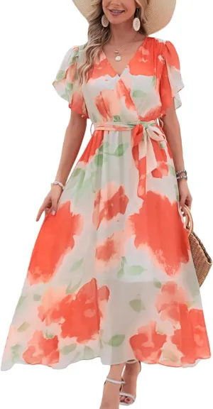 Kormei Women Wrap V Neck Boho Floral A Line Flowy Casual Short Sleeve Belted Wedding Guest Party Maxi Long Dress