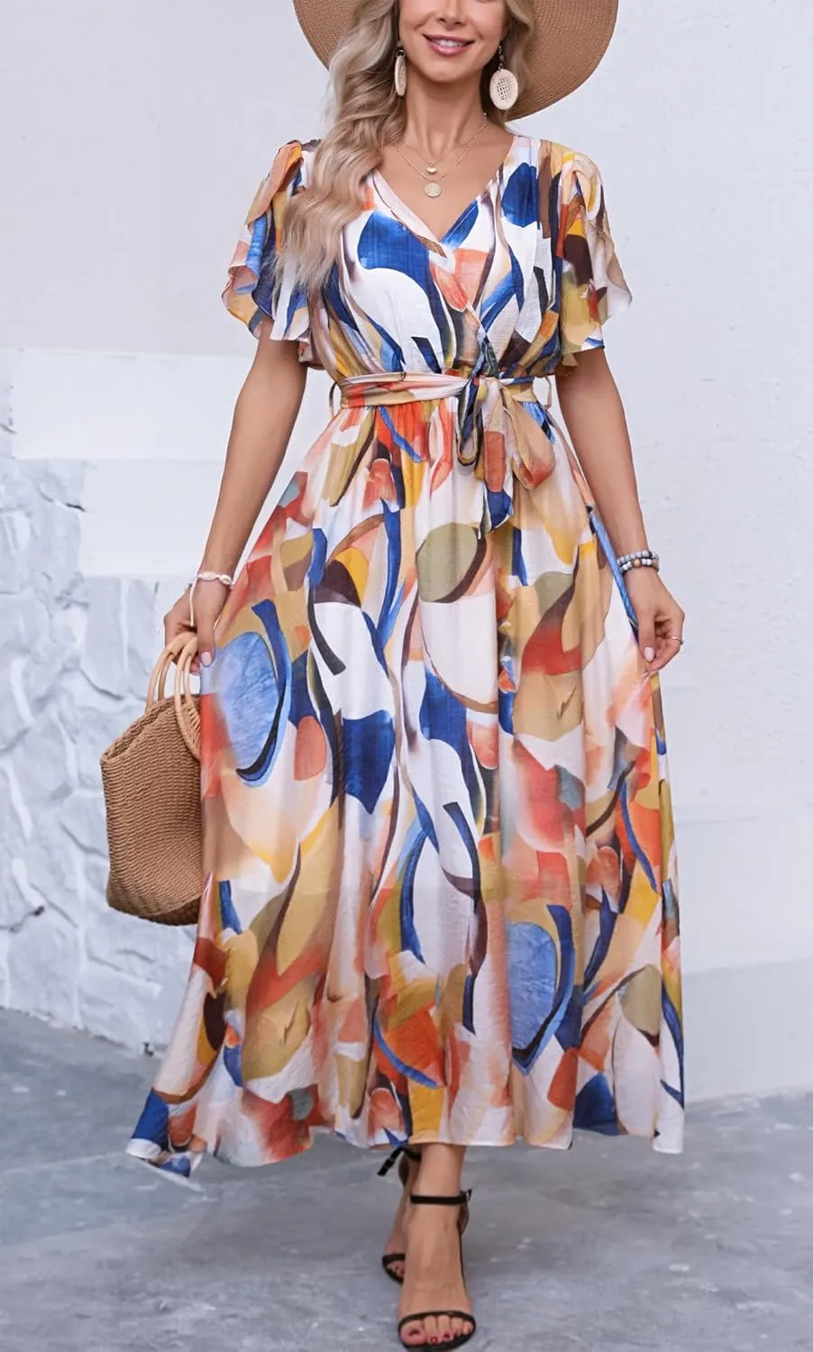 Kormei Women Wrap V Neck Boho Floral A Line Flowy Casual Short Sleeve Belted Wedding Guest Party Maxi Long Dress