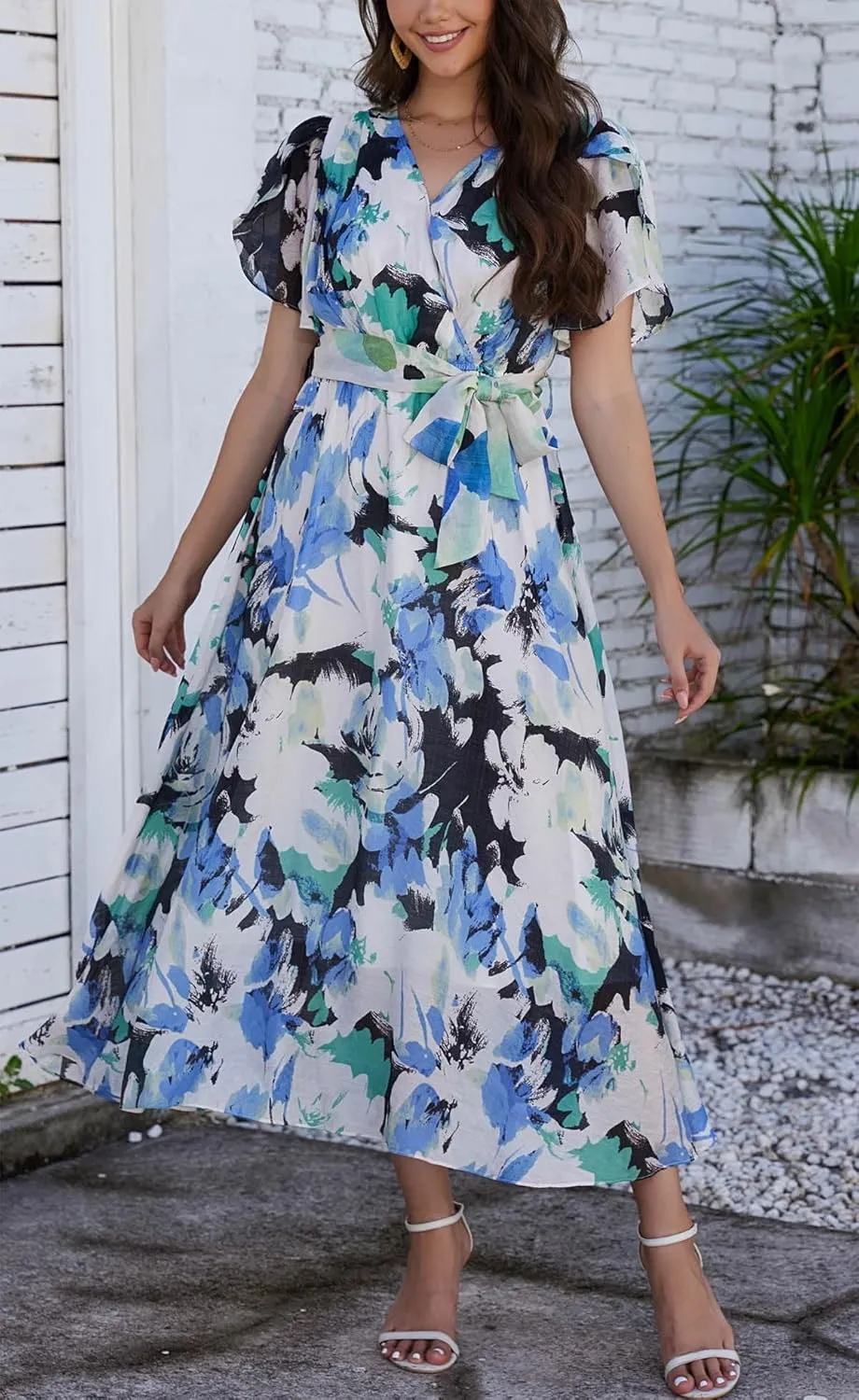 Kormei Women Wrap V Neck Boho Floral A Line Flowy Casual Short Sleeve Belted Wedding Guest Party Maxi Long Dress