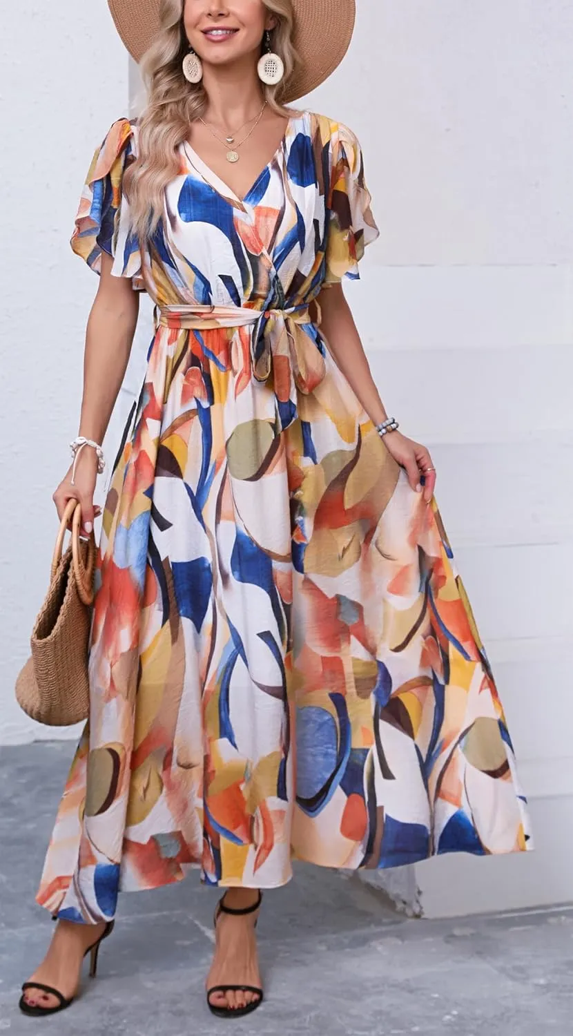 Kormei Women Wrap V Neck Boho Floral A Line Flowy Casual Short Sleeve Belted Wedding Guest Party Maxi Long Dress