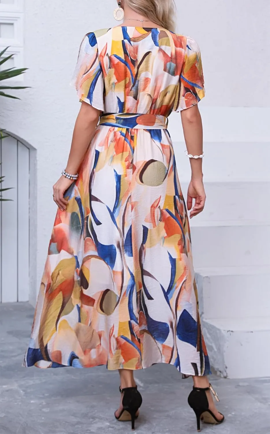 Kormei Women Wrap V Neck Boho Floral A Line Flowy Casual Short Sleeve Belted Wedding Guest Party Maxi Long Dress