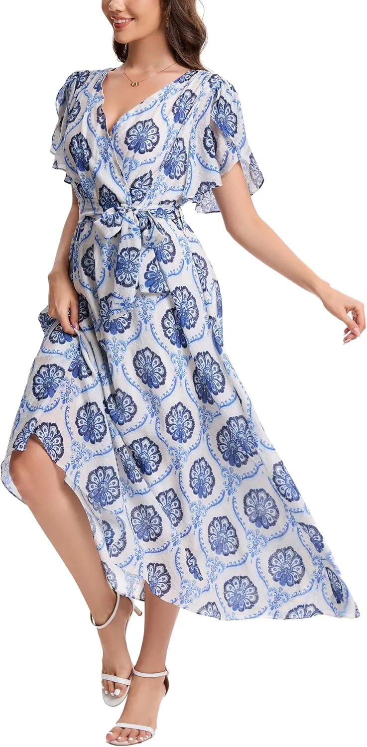 Kormei Women Wrap V Neck Boho Floral A Line Flowy Casual Short Sleeve Belted Wedding Guest Party Maxi Long Dress