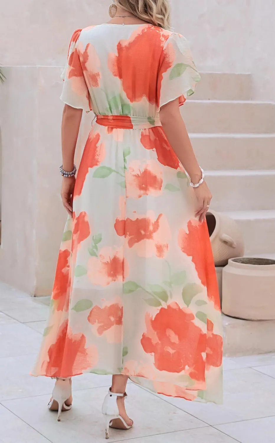 Kormei Women Wrap V Neck Boho Floral A Line Flowy Casual Short Sleeve Belted Wedding Guest Party Maxi Long Dress