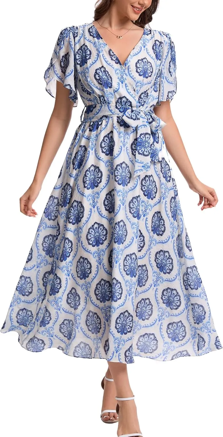 Kormei Women Wrap V Neck Boho Floral A Line Flowy Casual Short Sleeve Belted Wedding Guest Party Maxi Long Dress