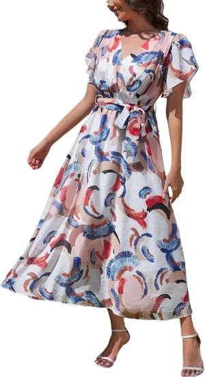 Kormei Women Wrap V Neck Boho Floral A Line Flowy Casual Short Sleeve Belted Wedding Guest Party Maxi Long Dress