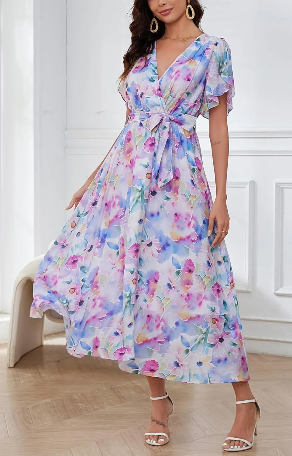 Kormei Women Wrap V Neck Boho Floral A Line Flowy Casual Short Sleeve Belted Wedding Guest Party Maxi Long Dress