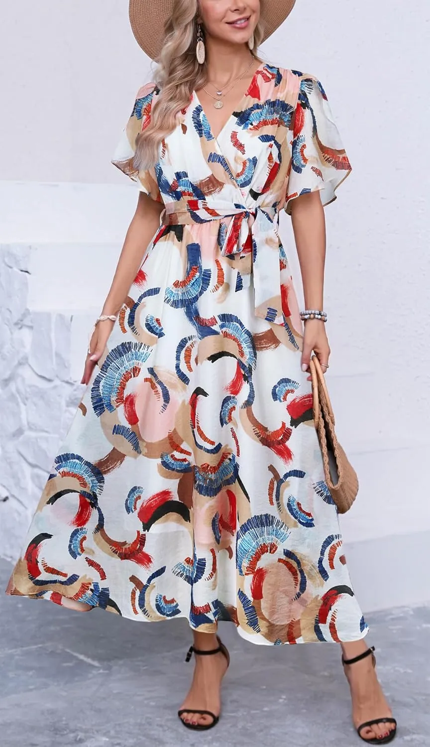 Kormei Women Wrap V Neck Boho Floral A Line Flowy Casual Short Sleeve Belted Wedding Guest Party Maxi Long Dress