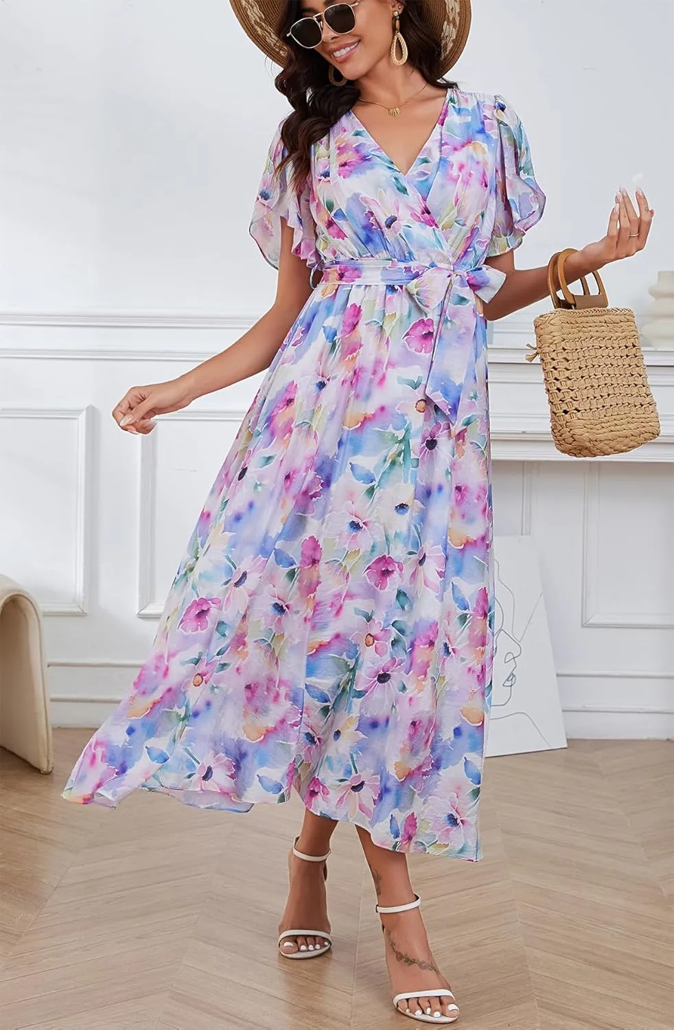 Kormei Women Wrap V Neck Boho Floral A Line Flowy Casual Short Sleeve Belted Wedding Guest Party Maxi Long Dress