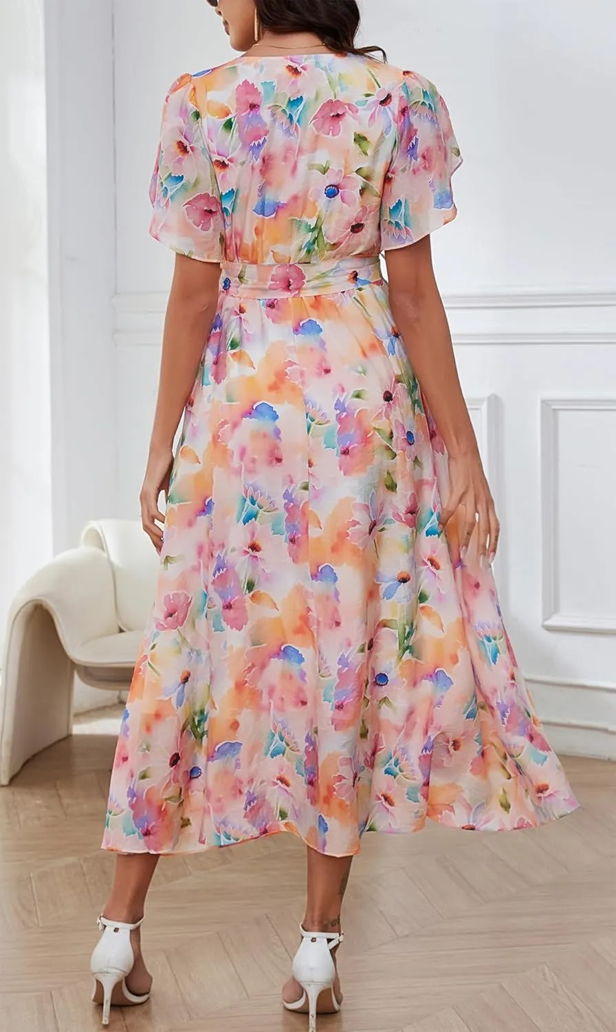 Kormei Women Wrap V Neck Boho Floral A Line Flowy Casual Short Sleeve Belted Wedding Guest Party Maxi Long Dress