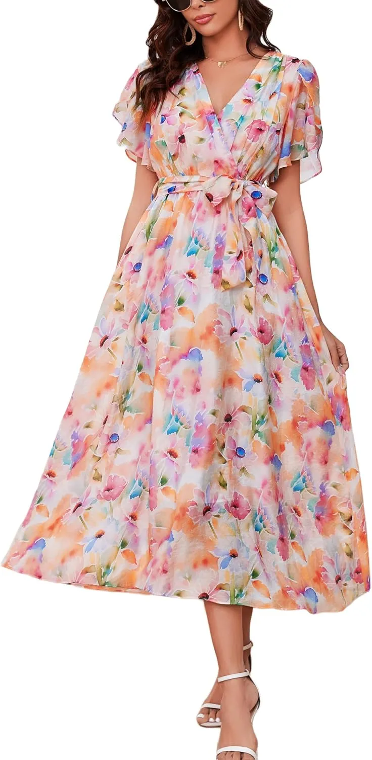 Kormei Women Wrap V Neck Boho Floral A Line Flowy Casual Short Sleeve Belted Wedding Guest Party Maxi Long Dress