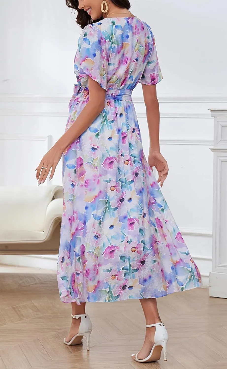 Kormei Women Wrap V Neck Boho Floral A Line Flowy Casual Short Sleeve Belted Wedding Guest Party Maxi Long Dress