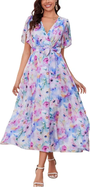 Kormei Women Wrap V Neck Boho Floral A Line Flowy Casual Short Sleeve Belted Wedding Guest Party Maxi Long Dress