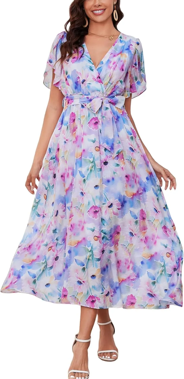 Kormei Women Wrap V Neck Boho Floral A Line Flowy Casual Short Sleeve Belted Wedding Guest Party Maxi Long Dress