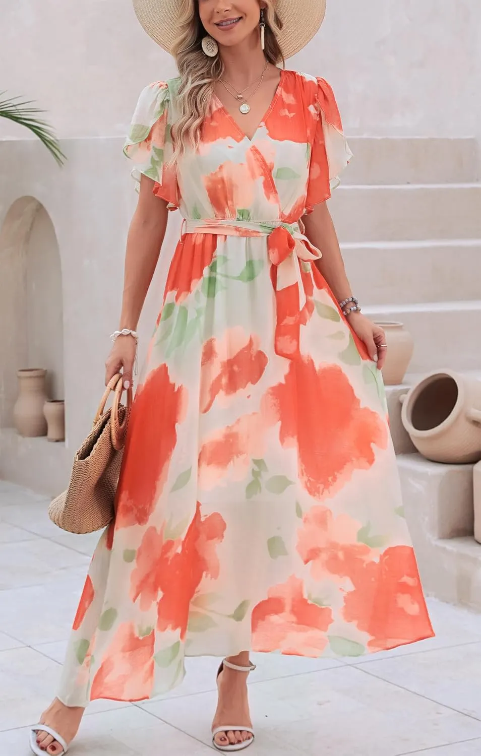 Kormei Women Wrap V Neck Boho Floral A Line Flowy Casual Short Sleeve Belted Wedding Guest Party Maxi Long Dress