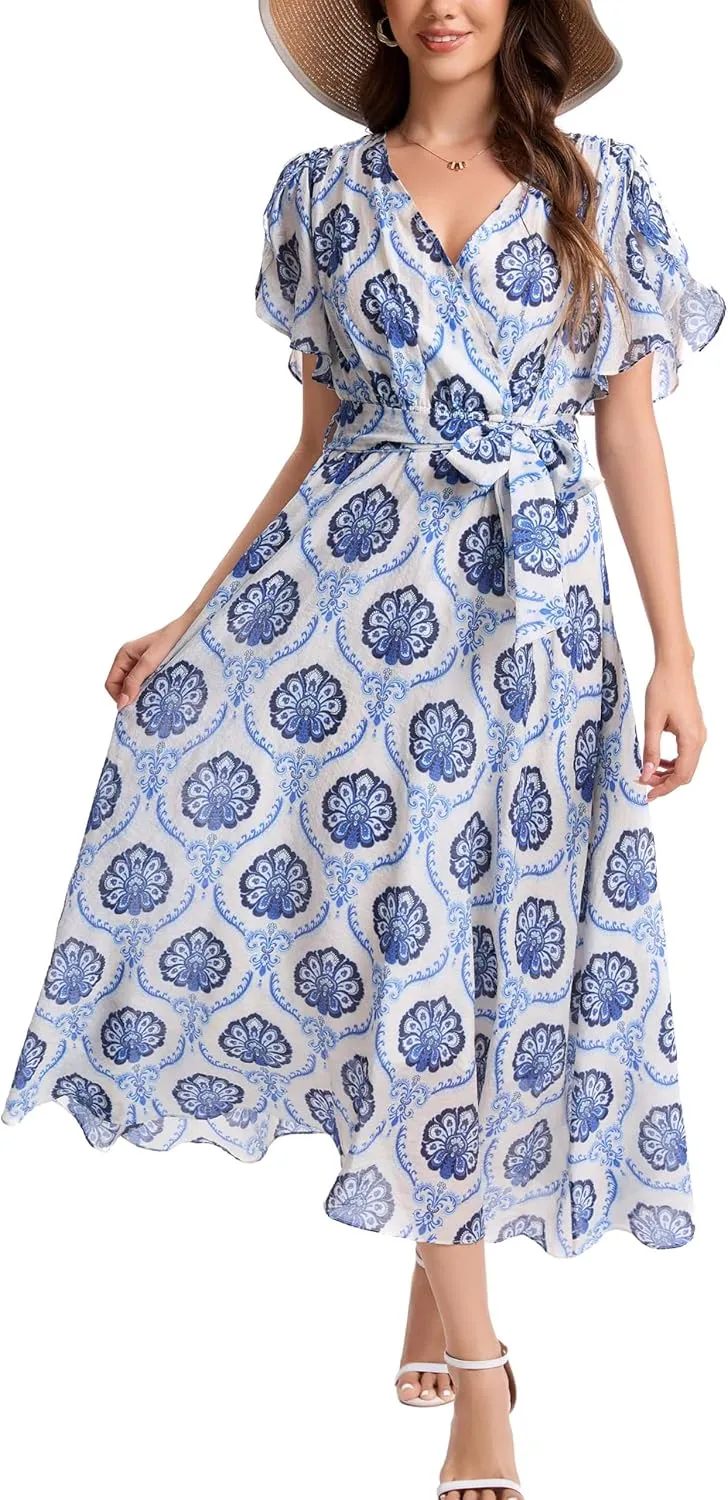 Kormei Women Wrap V Neck Boho Floral A Line Flowy Casual Short Sleeve Belted Wedding Guest Party Maxi Long Dress