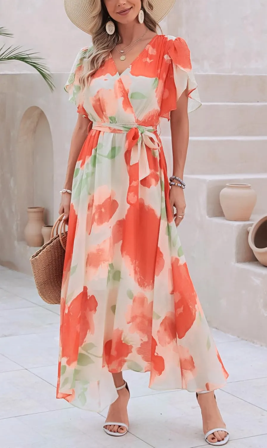 Kormei Women Wrap V Neck Boho Floral A Line Flowy Casual Short Sleeve Belted Wedding Guest Party Maxi Long Dress