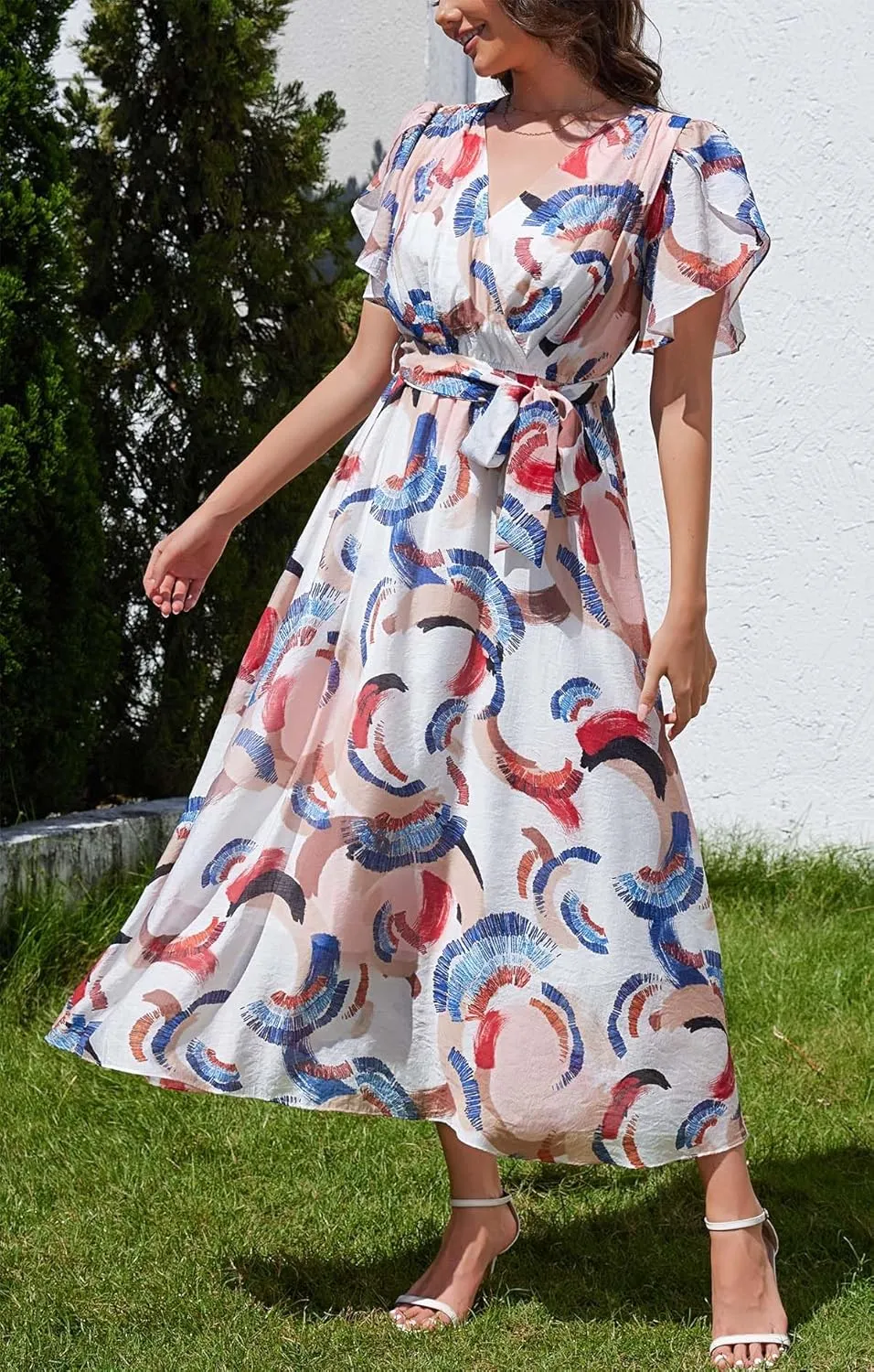 Kormei Women Wrap V Neck Boho Floral A Line Flowy Casual Short Sleeve Belted Wedding Guest Party Maxi Long Dress