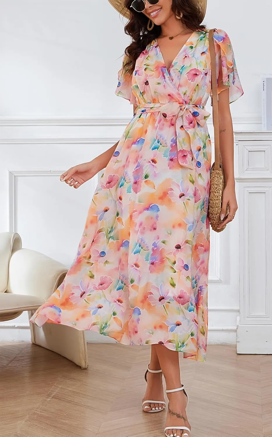 Kormei Women Wrap V Neck Boho Floral A Line Flowy Casual Short Sleeve Belted Wedding Guest Party Maxi Long Dress