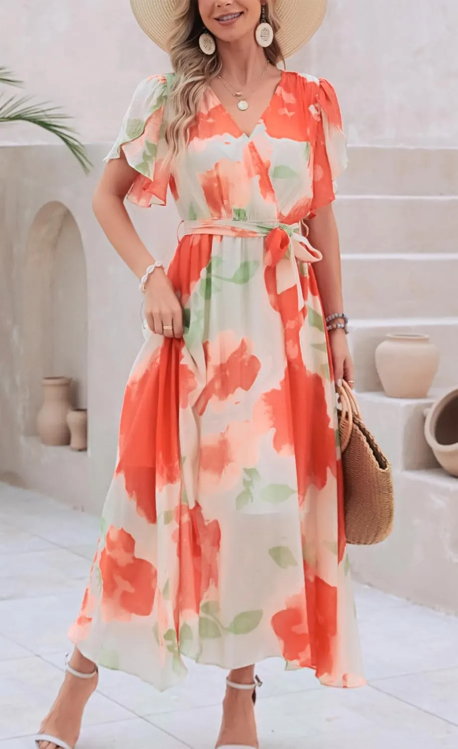 Kormei Women Wrap V Neck Boho Floral A Line Flowy Casual Short Sleeve Belted Wedding Guest Party Maxi Long Dress