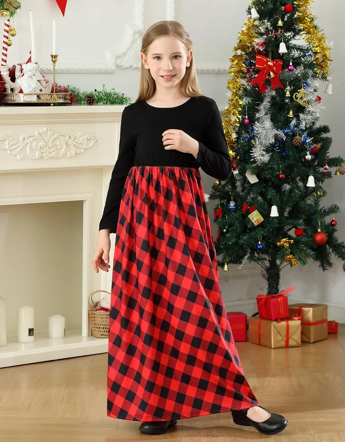 KYMIDY Girl Maxi Dress Kids Casual Buffalo Check Plaid Long Sleeve Dresses with Pockets(6-14yrs)