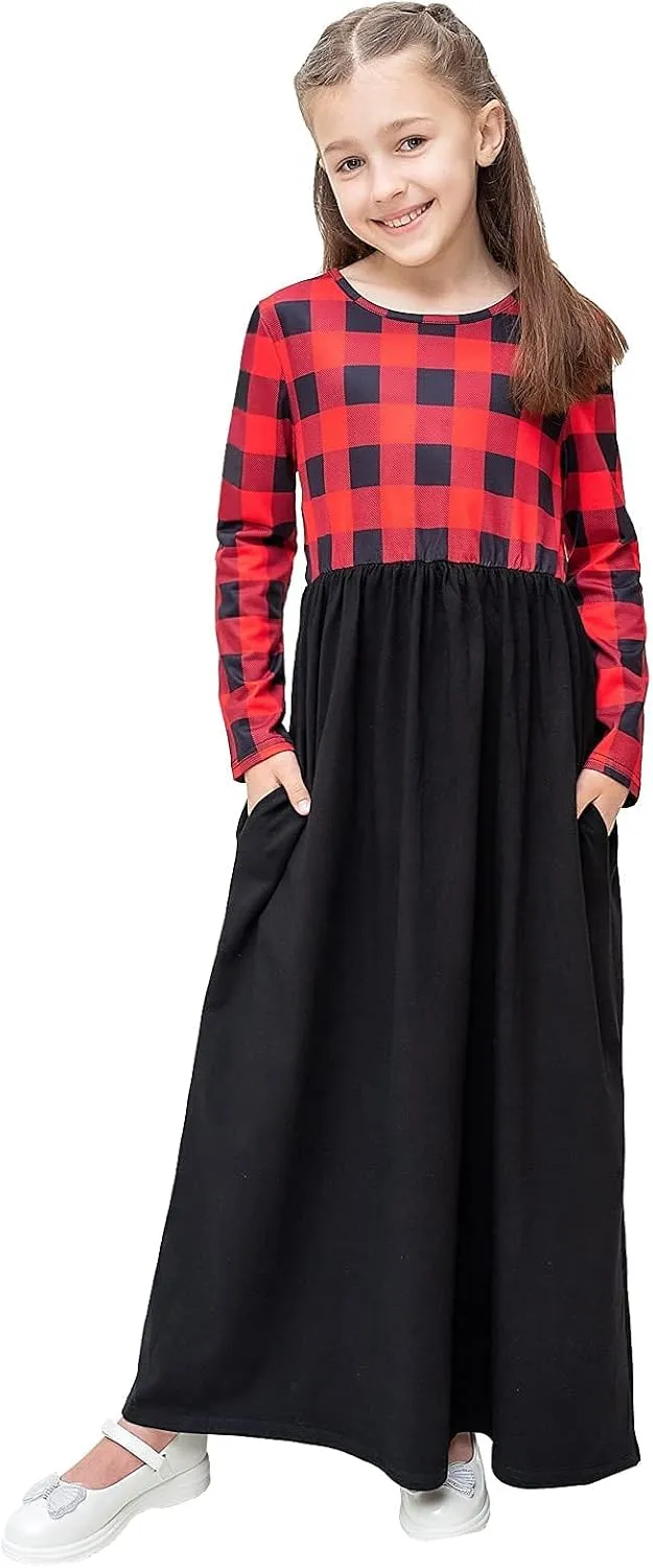 KYMIDY Girl Maxi Dress Kids Casual Buffalo Check Plaid Long Sleeve Dresses with Pockets(6-14yrs)