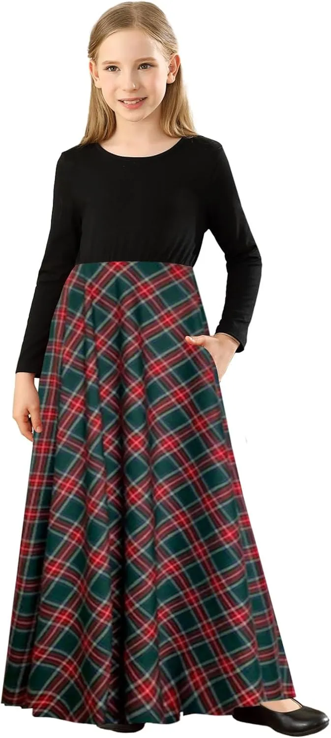 KYMIDY Girl Maxi Dress Kids Casual Buffalo Check Plaid Long Sleeve Dresses with Pockets(6-14yrs)