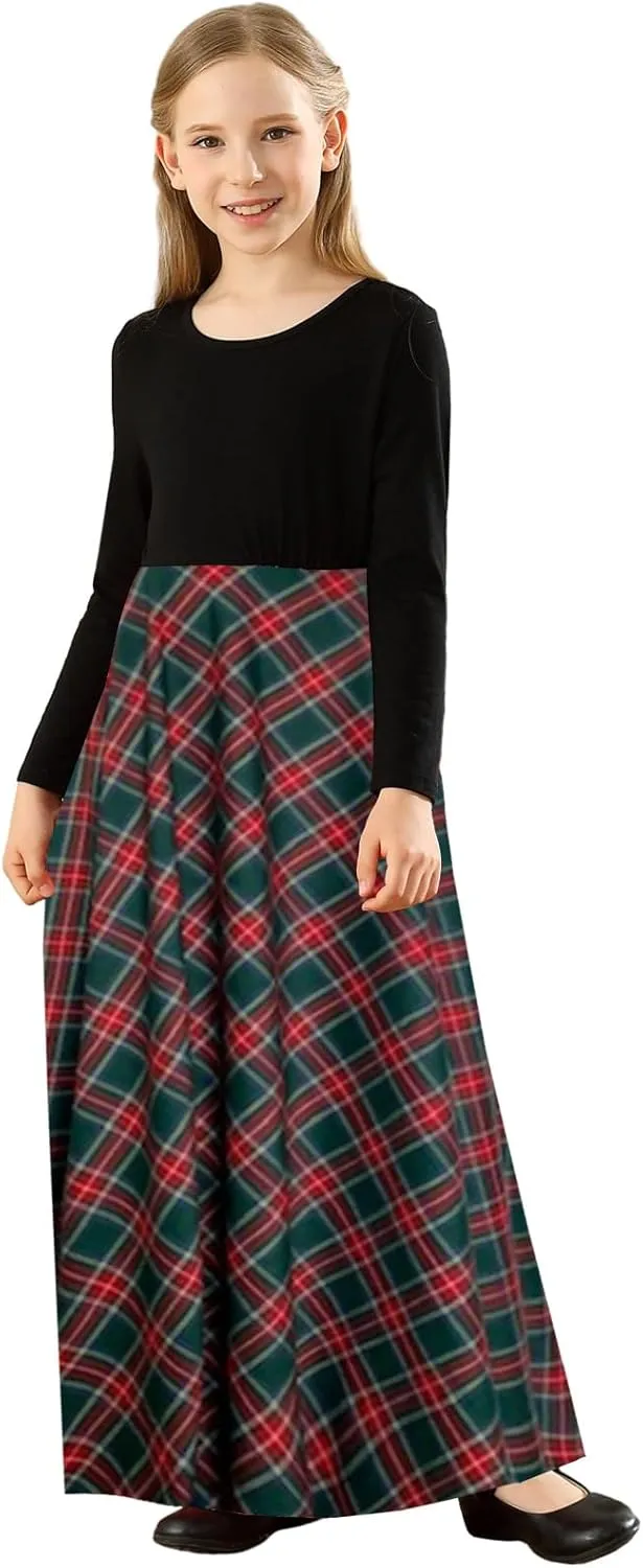 KYMIDY Girl Maxi Dress Kids Casual Buffalo Check Plaid Long Sleeve Dresses with Pockets(6-14yrs)