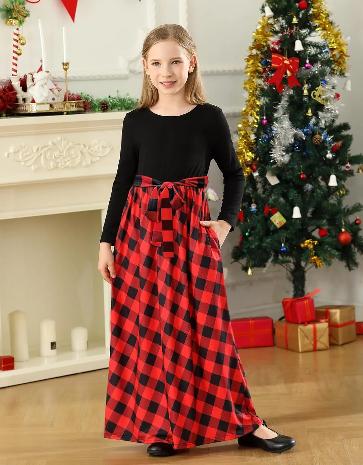 KYMIDY Girl Maxi Dress Kids Casual Buffalo Check Plaid Long Sleeve Dresses with Pockets(6-14yrs)