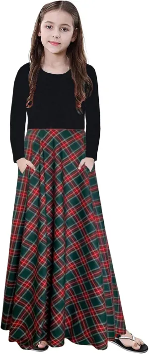 KYMIDY Girl Maxi Dress Kids Casual Buffalo Check Plaid Long Sleeve Dresses with Pockets(6-14yrs)