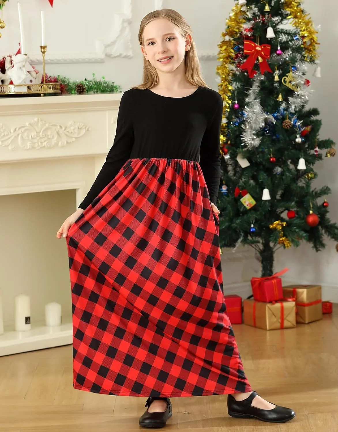 KYMIDY Girl Maxi Dress Kids Casual Buffalo Check Plaid Long Sleeve Dresses with Pockets(6-14yrs)