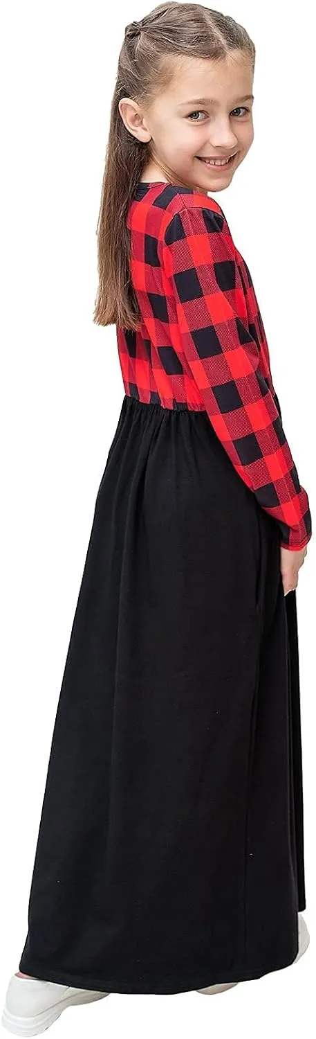 KYMIDY Girl Maxi Dress Kids Casual Buffalo Check Plaid Long Sleeve Dresses with Pockets(6-14yrs)