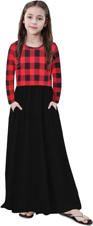 KYMIDY Girl Maxi Dress Kids Casual Buffalo Check Plaid Long Sleeve Dresses with Pockets(6-14yrs)