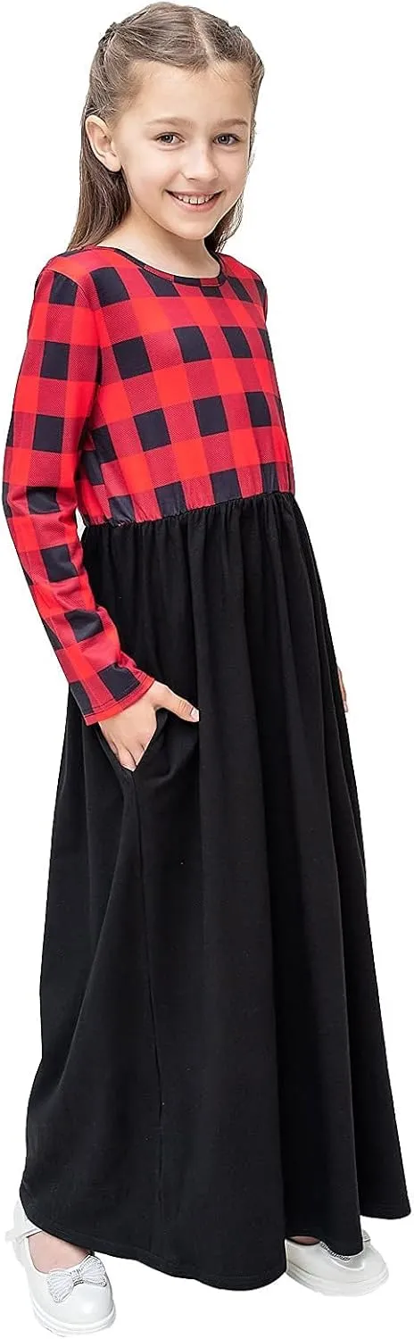 KYMIDY Girl Maxi Dress Kids Casual Buffalo Check Plaid Long Sleeve Dresses with Pockets(6-14yrs)