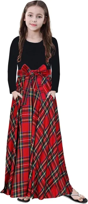 KYMIDY Girl Maxi Dress Kids Casual Buffalo Check Plaid Long Sleeve Dresses with Pockets(6-14yrs)