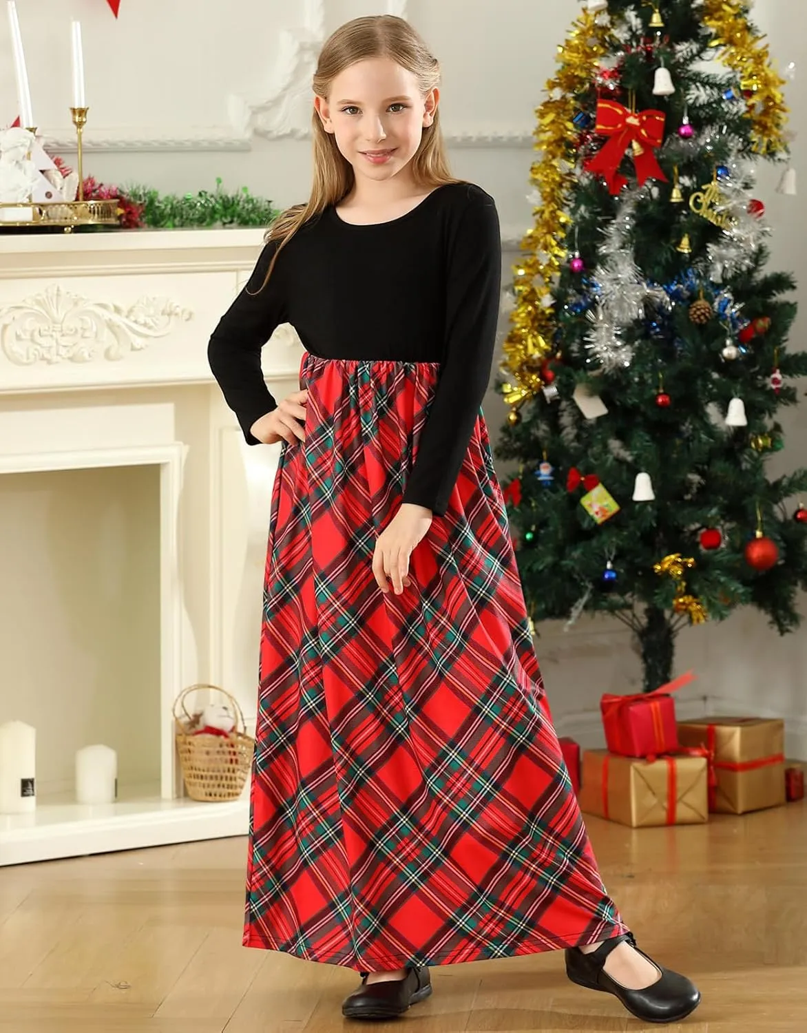 KYMIDY Girl Maxi Dress Kids Casual Buffalo Check Plaid Long Sleeve Dresses with Pockets(6-14yrs)