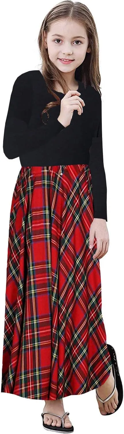 KYMIDY Girl Maxi Dress Kids Casual Buffalo Check Plaid Long Sleeve Dresses with Pockets(6-14yrs)