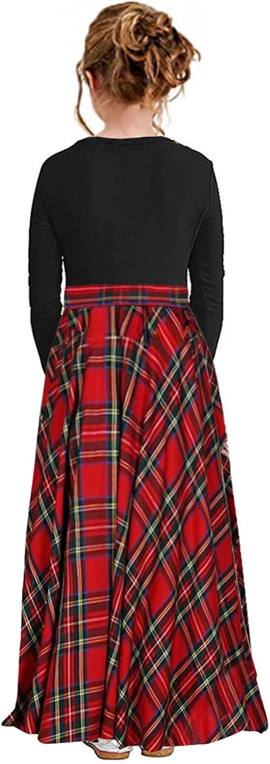 KYMIDY Girl Maxi Dress Kids Casual Buffalo Check Plaid Long Sleeve Dresses with Pockets(6-14yrs)
