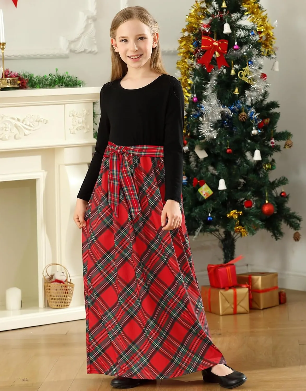 KYMIDY Girl Maxi Dress Kids Casual Buffalo Check Plaid Long Sleeve Dresses with Pockets(6-14yrs)
