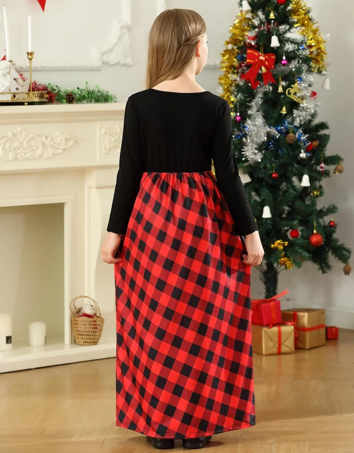 KYMIDY Girl Maxi Dress Kids Casual Buffalo Check Plaid Long Sleeve Dresses with Pockets(6-14yrs)