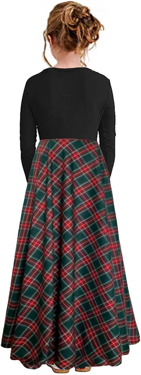 KYMIDY Girl Maxi Dress Kids Casual Buffalo Check Plaid Long Sleeve Dresses with Pockets(6-14yrs)