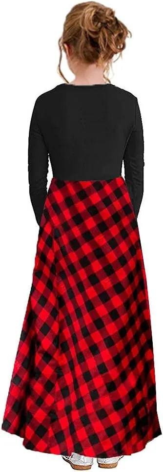 KYMIDY Girl Maxi Dress Kids Casual Buffalo Check Plaid Long Sleeve Dresses with Pockets(6-14yrs)