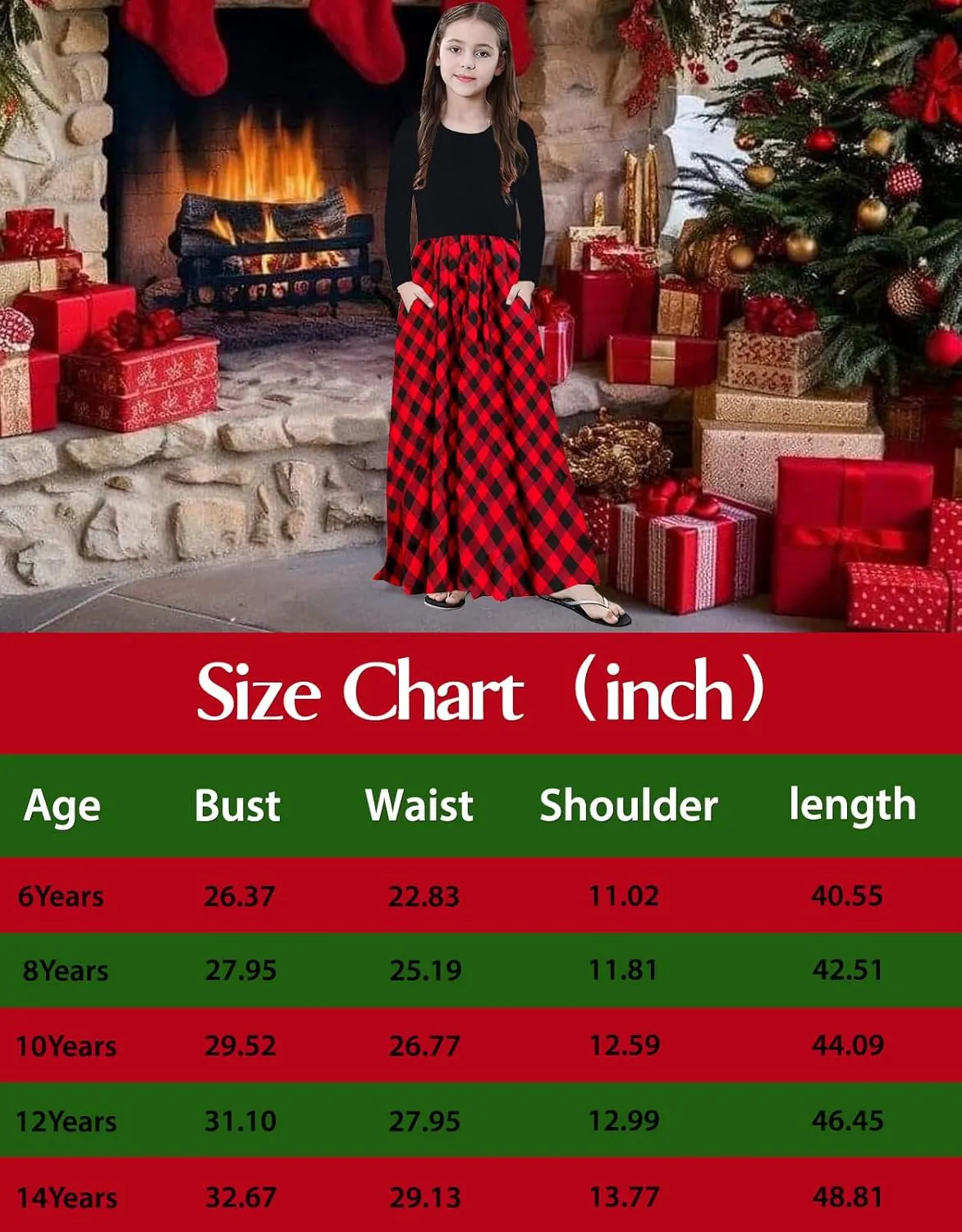 KYMIDY Girl Maxi Dress Kids Casual Buffalo Check Plaid Long Sleeve Dresses with Pockets(6-14yrs)