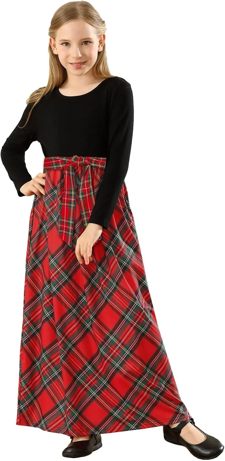 KYMIDY Girl Maxi Dress Kids Casual Buffalo Check Plaid Long Sleeve Dresses with Pockets(6-14yrs)